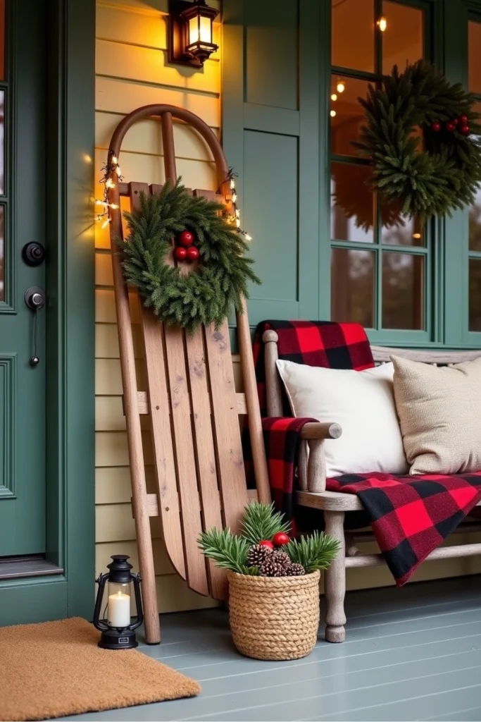 “Vintage sled decorated with pine branches, berries, and solar lights on a cozy rustic Christmas porch.”