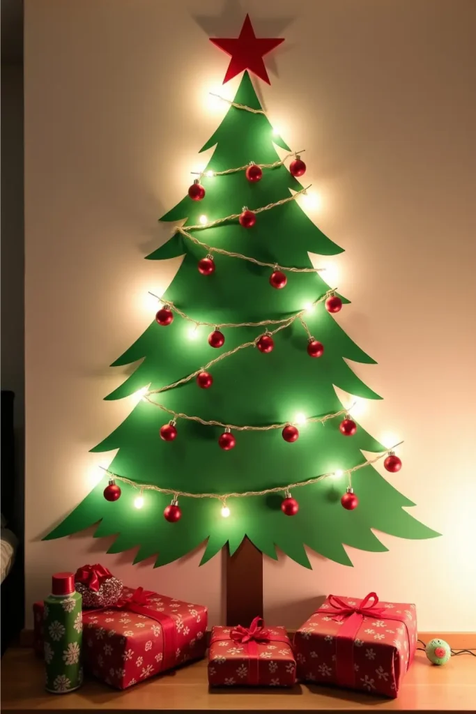 Wall-mounted Grinch-style Christmas tree made from paper and string with ornaments and lights, ideal for small spaces.