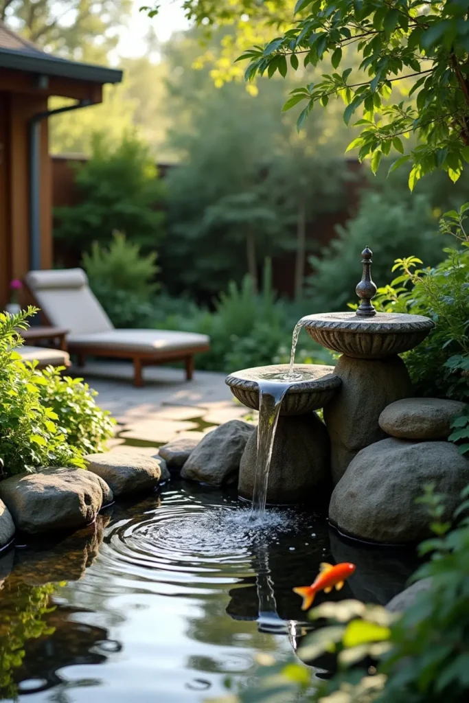 Backyard with stone fountain and lounge seating, creating a tranquil zen-inspired outdoor retreat