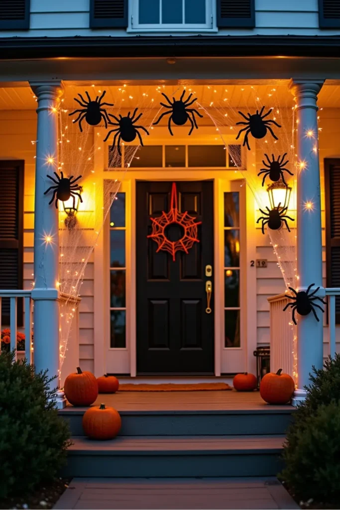 Giant yarn spider webs with black spiders span a porch, glowing with warm Halloween lights at dusk.