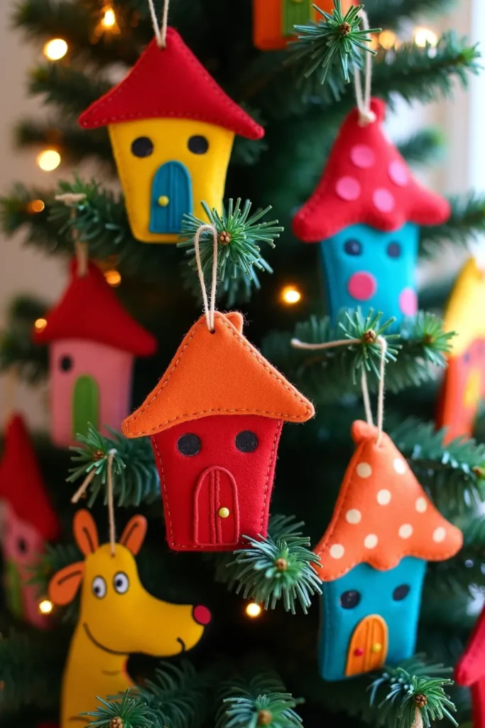 Christmas tree with handmade felt ornaments shaped like Whoville houses, Cindy Lou Who, and Max the Dog, adding a playful storybook charm.