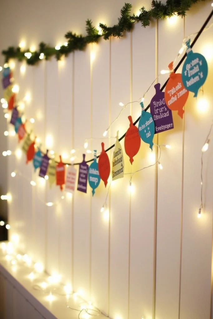 Whoville party garland with colorful paper ornaments and Grinch story quotes, hung on a wall with fairy lights for a festive Christmas backdrop.