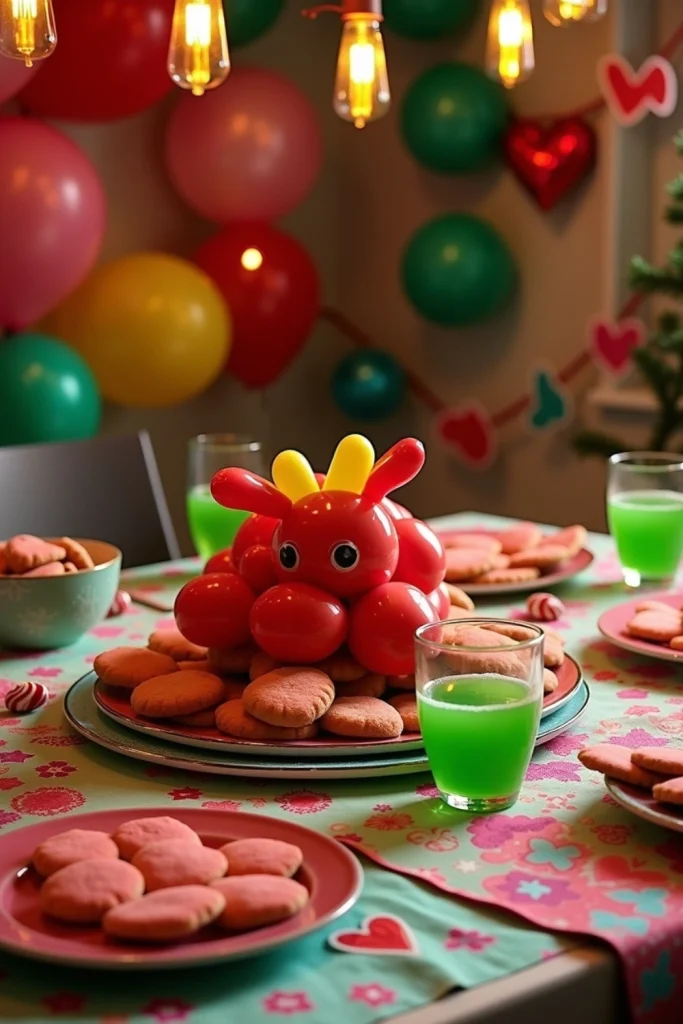 "Whoville Christmas party table with balloon roast beast, green punch, heart cookies, and festive decor."