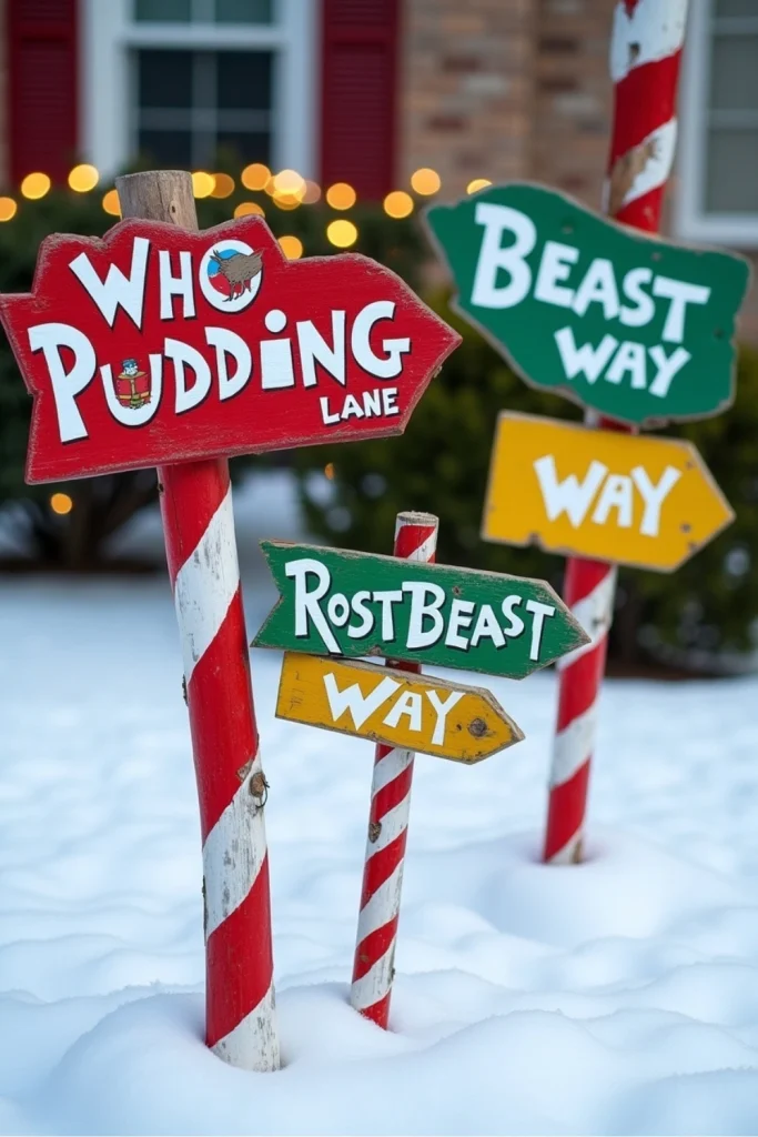 Colorful wooden Whoville street signs painted with curvy letters, placed in a snowy yard as playful Christmas decorations.