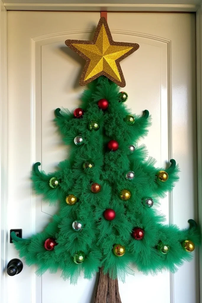 Whoville tree door hanger made from green deco mesh with a bendy star, hung on a holiday-decorated front door.