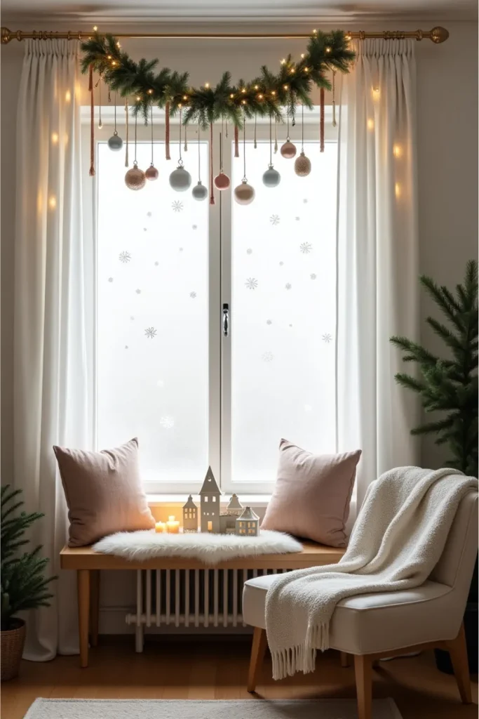 Scandi-style Christmas window with garland, ornaments, twinkle lights, and cozy holiday nook setup.