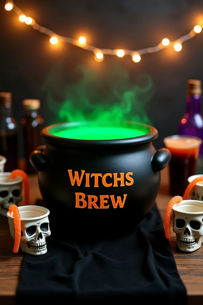 "Halloween drink station with glowing green 'Witch’s Brew' cauldron, skull cups, and gummy worms."