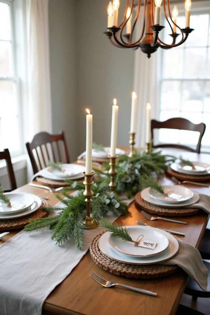 Rustic dining table with wood slice place cards, pine sprigs, candles, and festive holiday greenery.