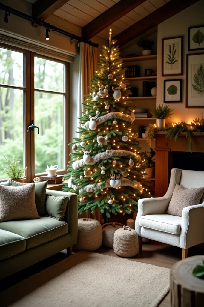 Woodland-themed room with forest animal tree, faux fur, rustic furniture, and warm ambient lighting.