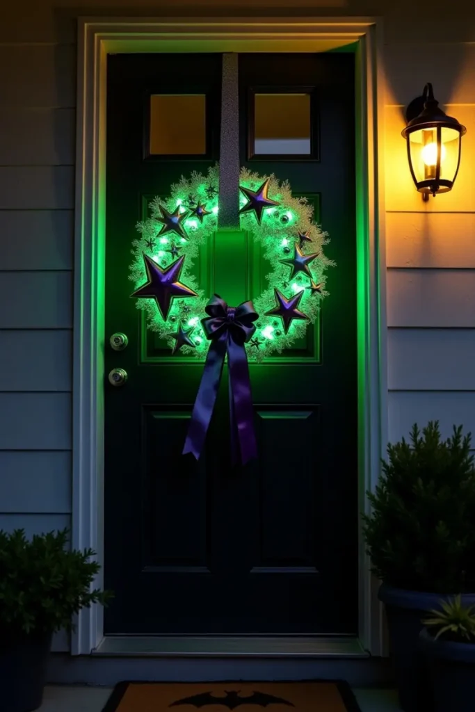 Glow-in-the-dark Halloween wreath with stars and ribbons on black door, warm porch light, night scene.