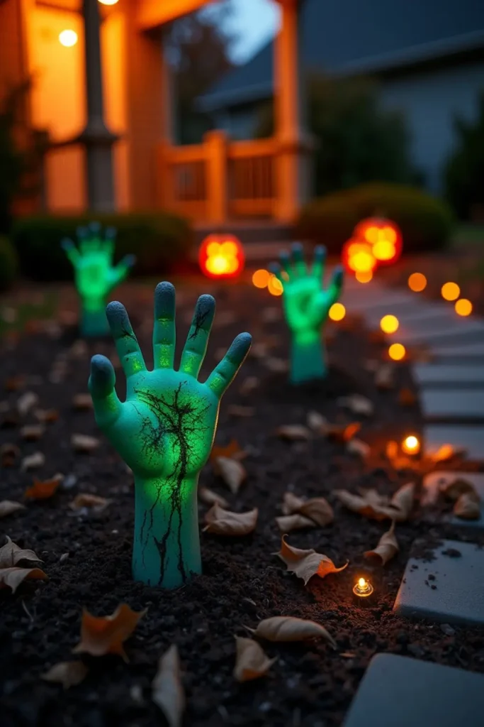 Zombie hands bursting from soil with fog, mulch, and warm path lights in a spooky nighttime yard.
