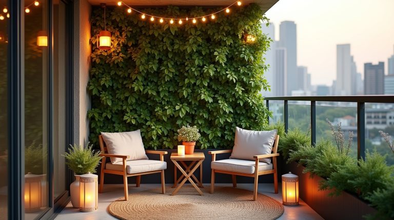 Modern small apartment balcony with plants, lights, and cozy seating, styled as an urban oasis.