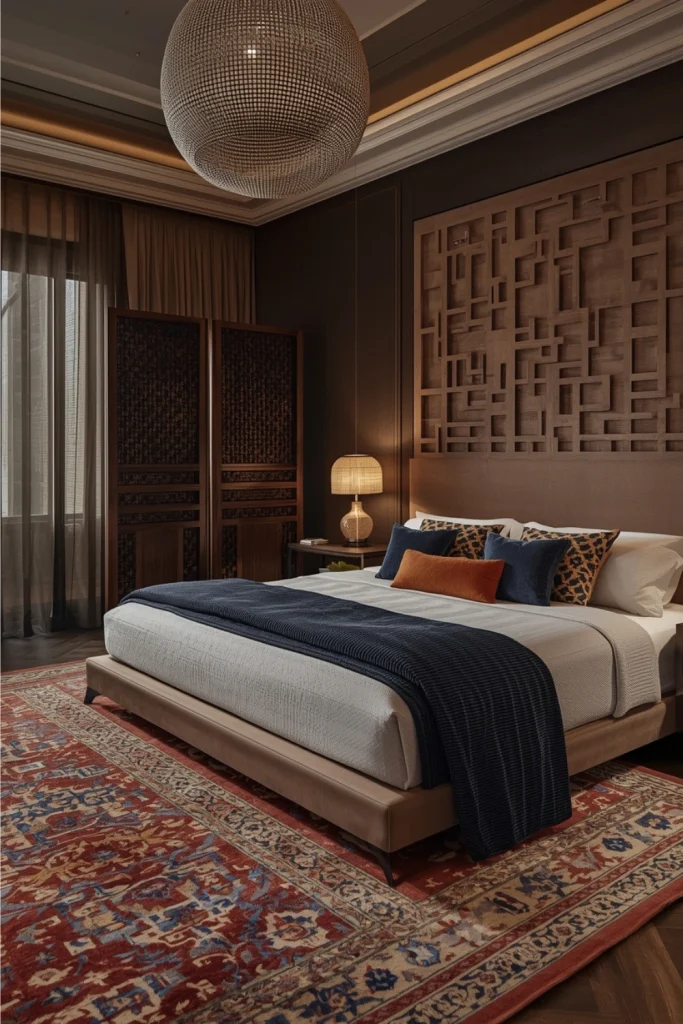 Modern luxury bedroom with global-inspired decor, featuring patterned rugs and a carved wooden screen.