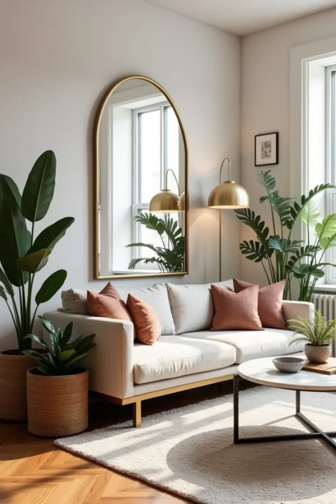 NYC apartment living room with gold-framed arched mirror, cozy sofa, plants, and warm natural light.