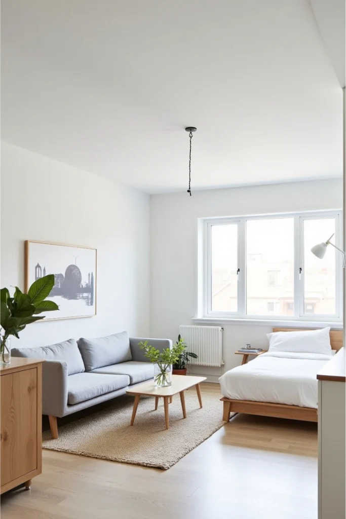 Minimalist studio apartment with sleek furniture, neutral palette, and clutter-free design.