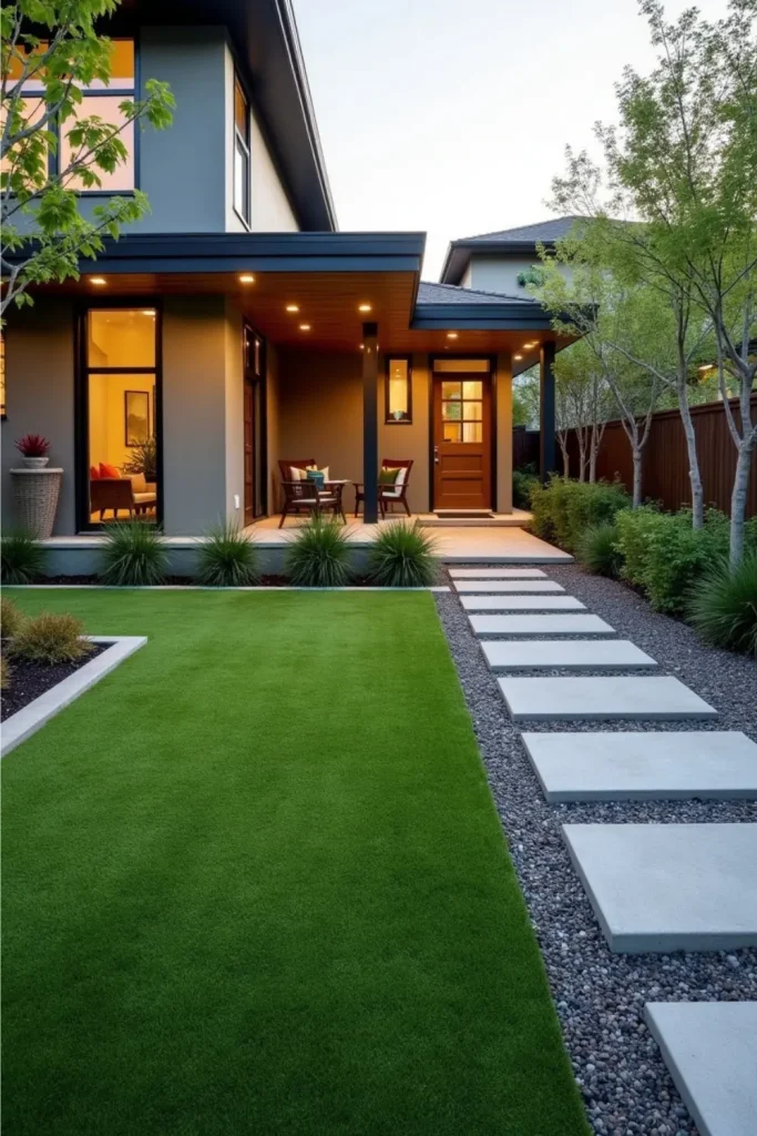 “Front yard with artificial turf, gravel pathways, concrete pavers, and low-maintenance modern landscaping.”