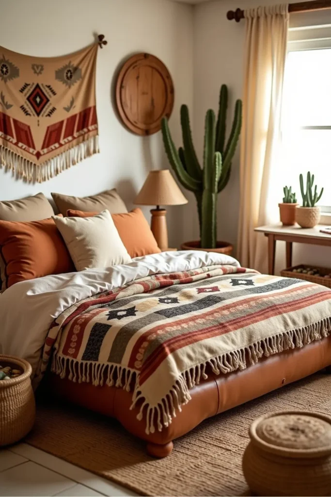 Boho western bedroom with leather bed, layered Navajo blankets, pillows, plants, and baskets.