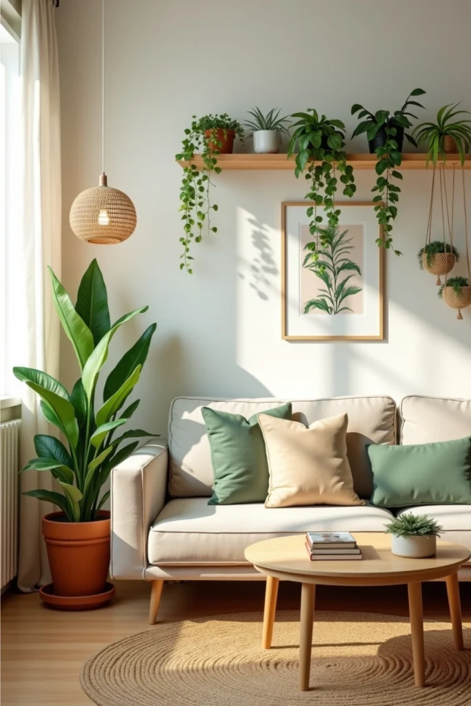 Modern living room with snake plant, pothos on shelves, hanging planters, and cozy natural textures.