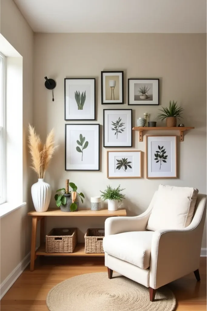 Eclectic gallery wall with mixed frames, art, and shelves in a cozy modern living room with neutral tones.
