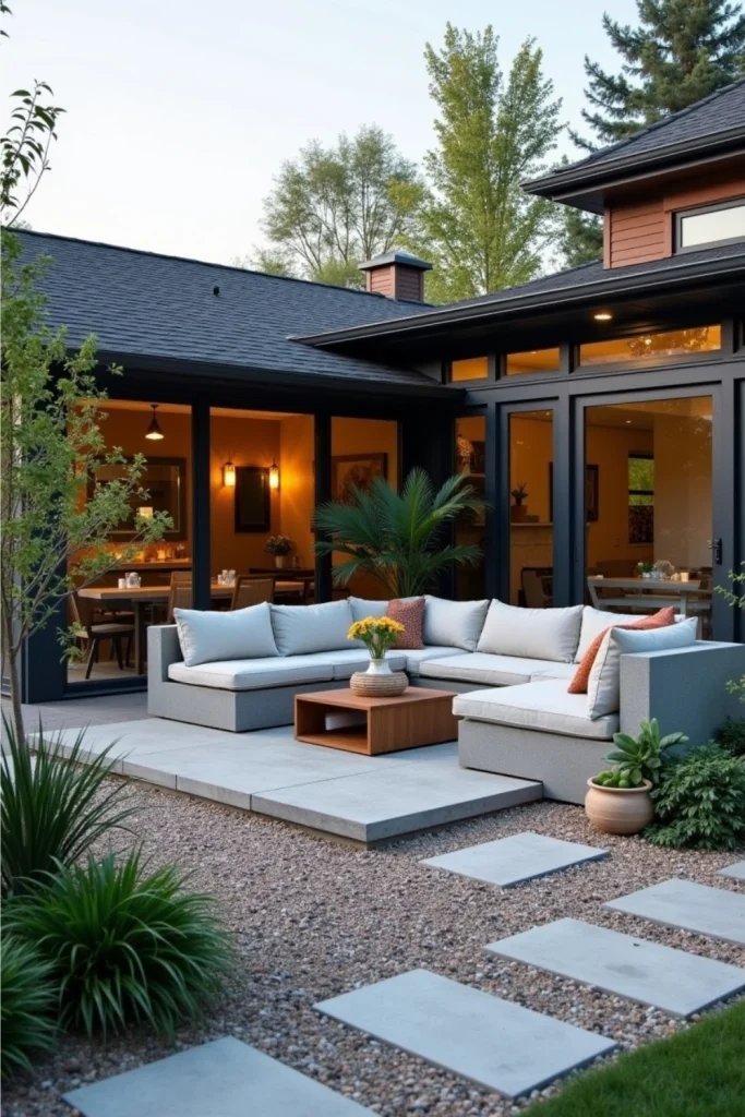 “Modern front yard with built-in concrete bench, cushions, gravel, low plants, and cozy social space.”