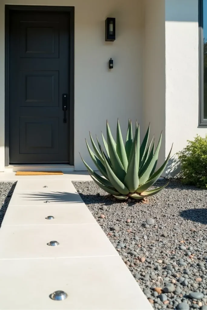 “Minimalist front yard with gravel bed, single bold agave plant, concrete path, and clean landscaping.”