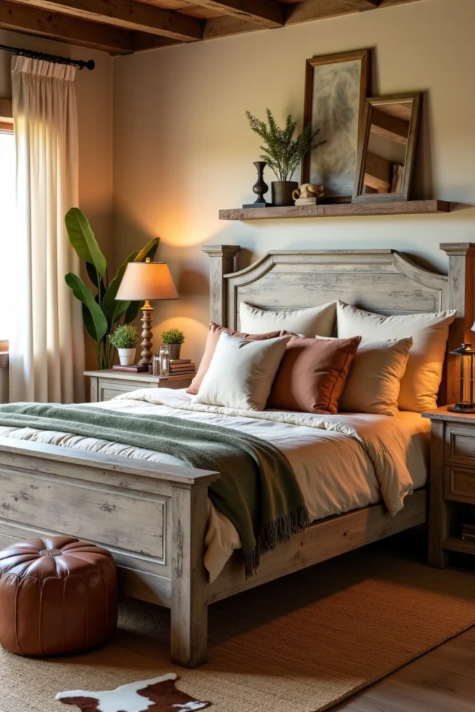 “Western bedroom with distressed wood furniture, earthy linens, cozy textiles, and rustic cowboy accents.”