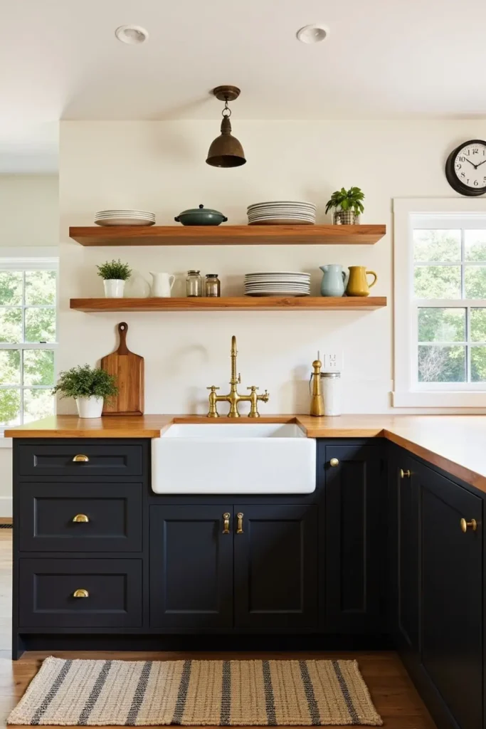 Cozy black kitchen with butcher block counters, oak floors, soft curtains, and a small breakfast table.