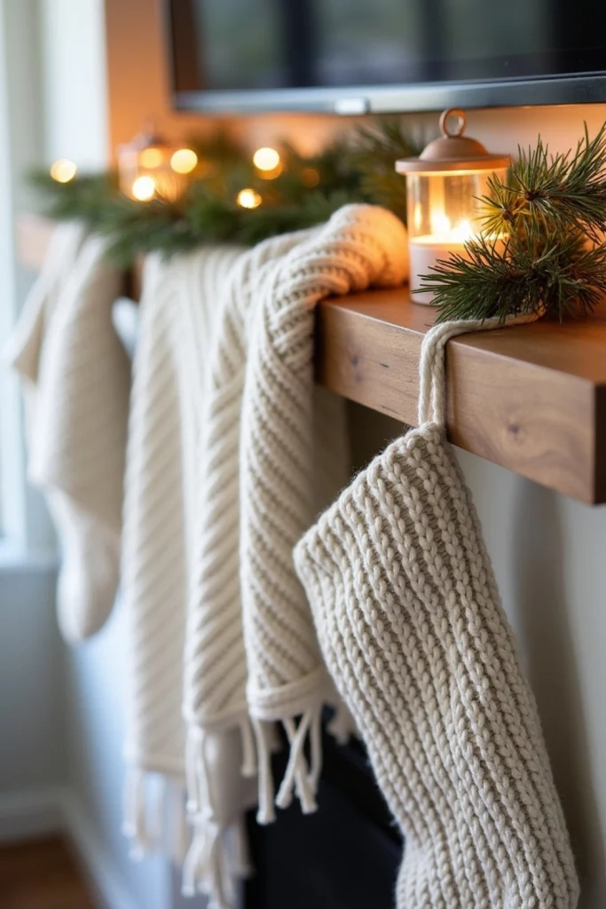 "Cozy mantel with chunky knit runner, neutral stockings, and pine sprigs for winter warmth."