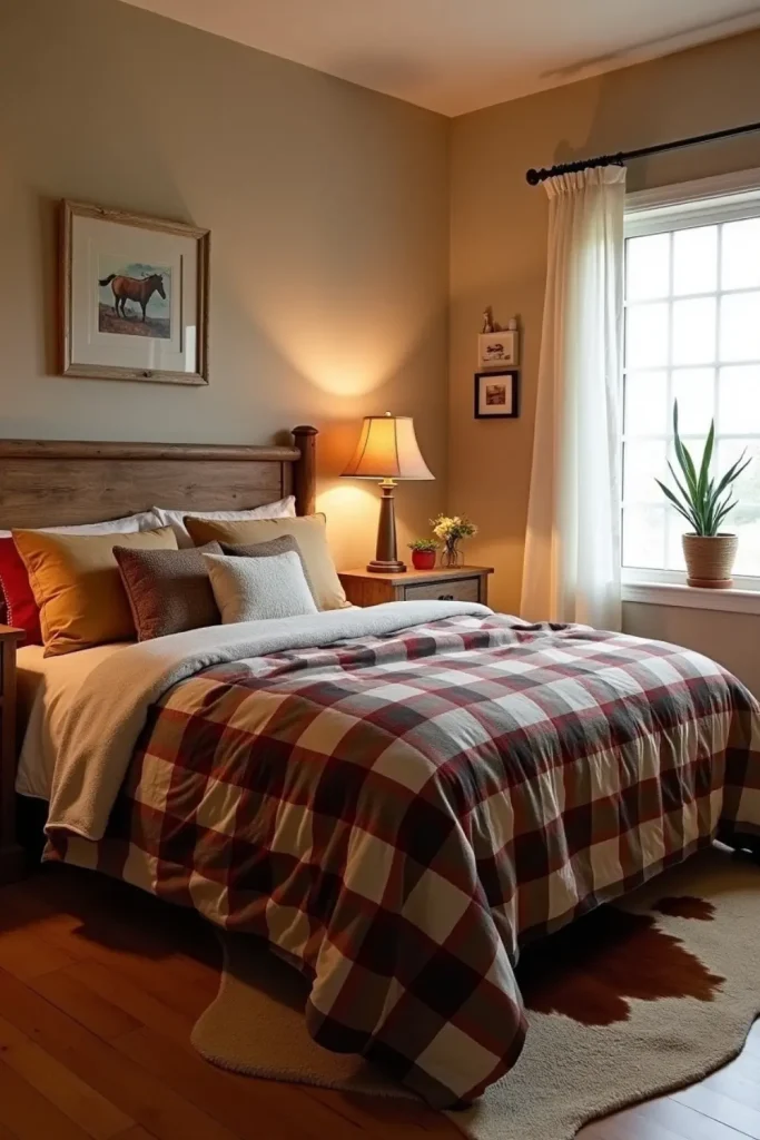 Cozy western bedroom with plaid bedding, neutral sheets, pillows, rustic headboard, and warm rug.