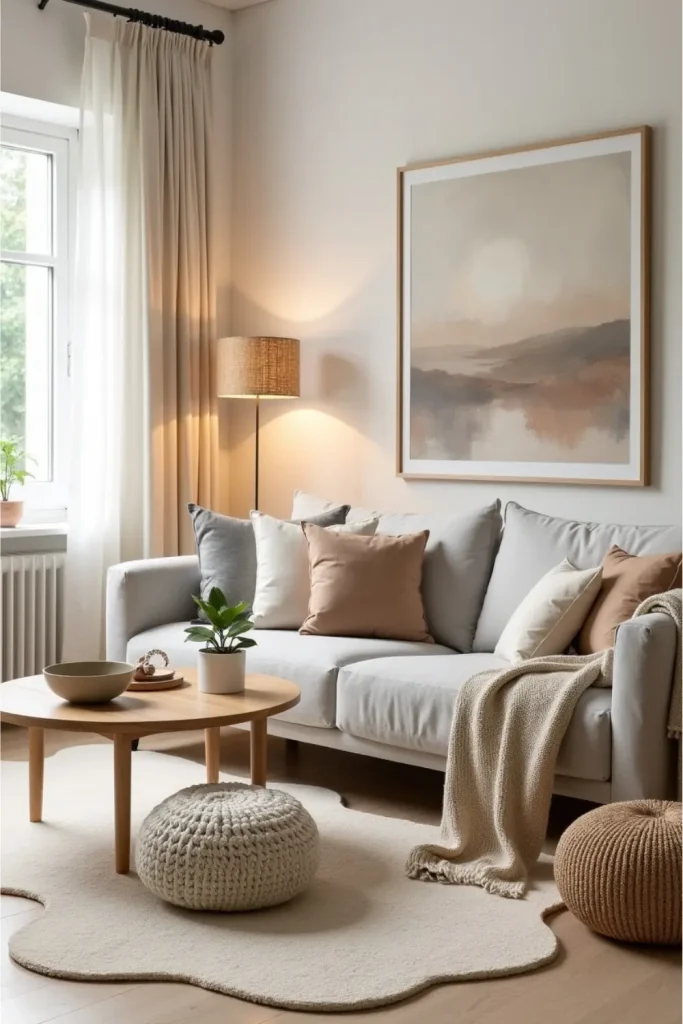 Scandinavian living room with plush organic rug, layered neutral cushions, woven throws, and warm light.