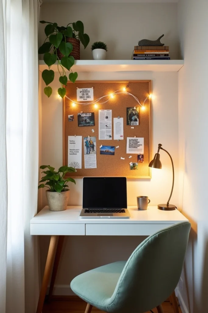 Cozy home office with corkboard vision wall, quotes, photos, plants, and warm inspiring lighting.