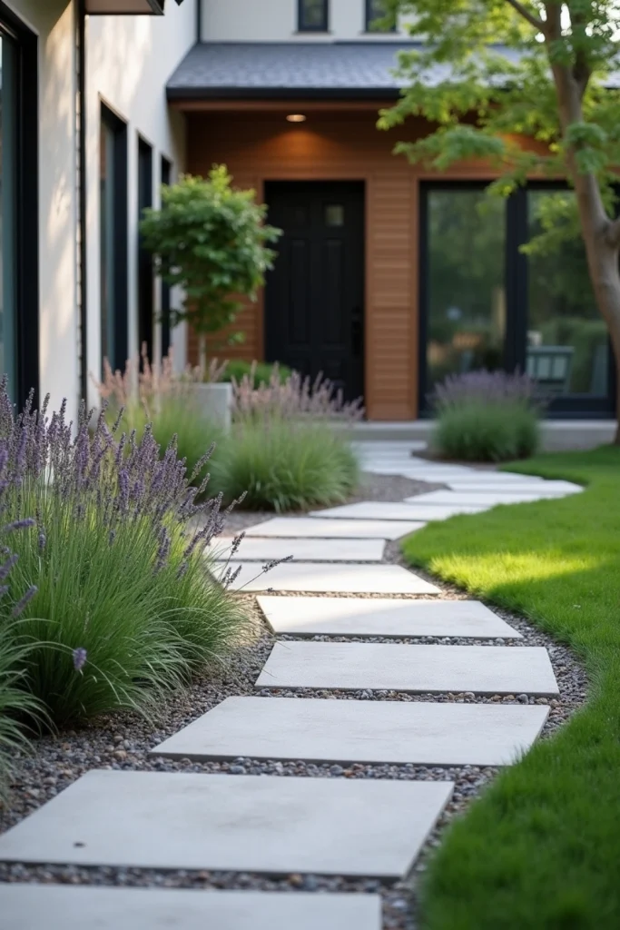 “Modern front yard with curved flagstone path, lavender and grasses, natural flow, and minimalist design.”