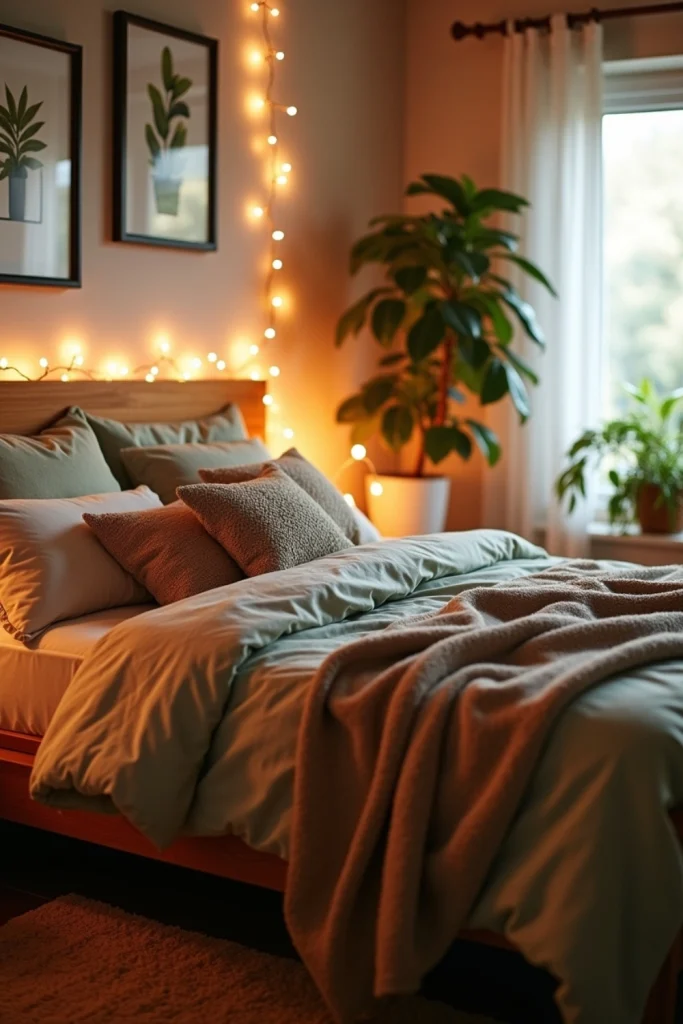 “Earthy bedroom with warm fairy lights around headboard, neutral bedding, cozy layered textiles”