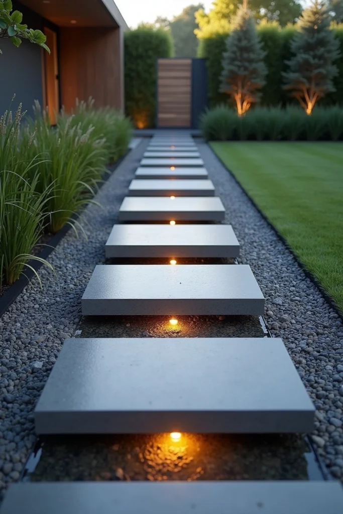 Floating stone pathway over gravel and water, with LED lights, low plants, and modern design.