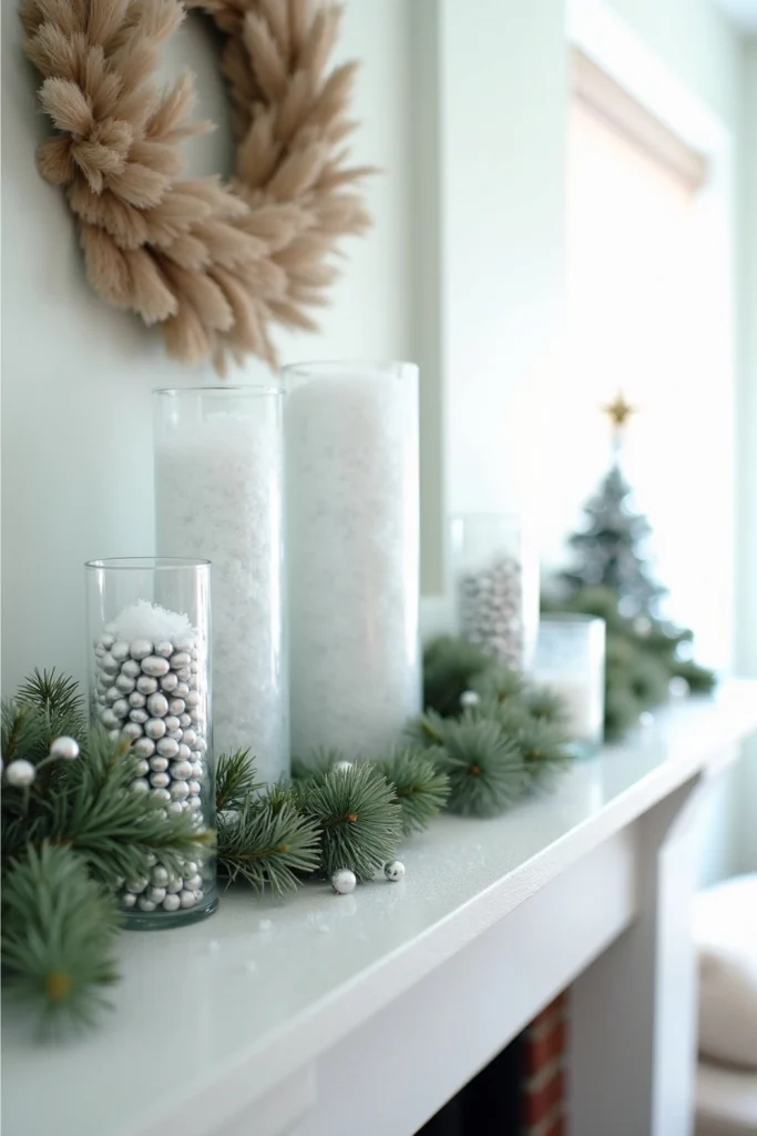 Winter mantel with frosted glass vases, faux snow, silver beads, and evergreen garland for icy elegance.