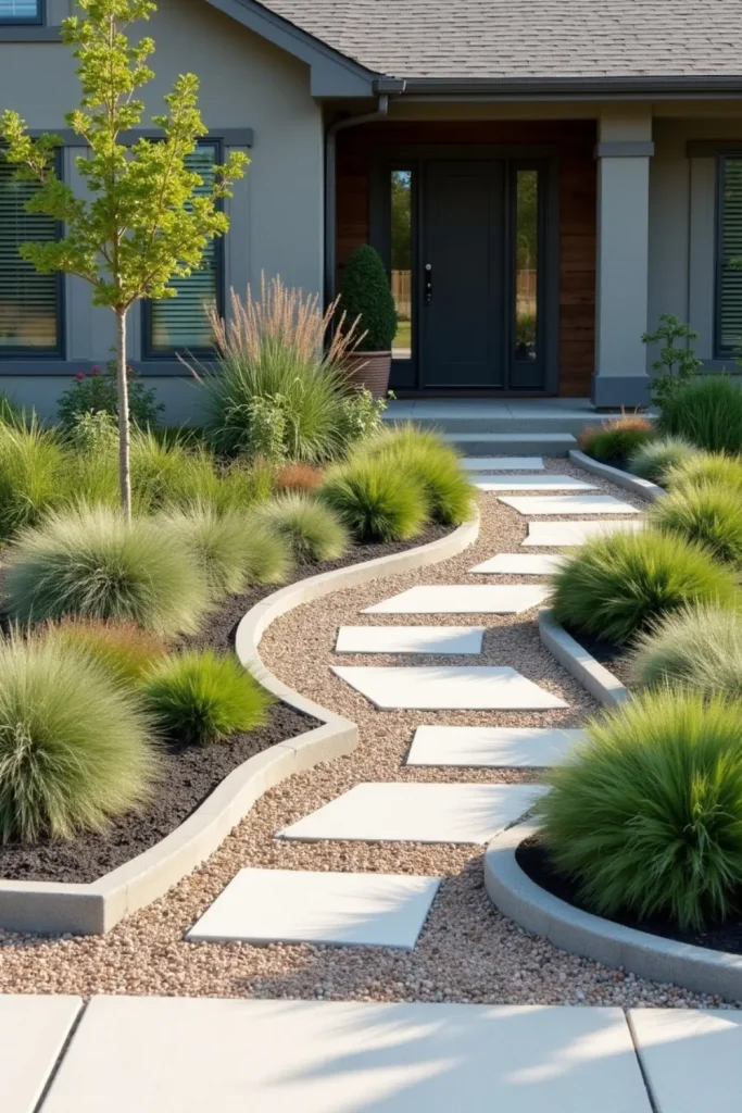 Modern front yard with geometric plant beds, concrete and wood edges, grasses, and clean pathways.
