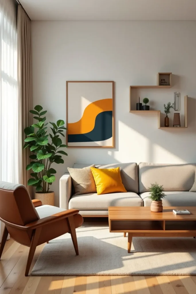 Retro minimalist living room with mid-century furniture, mustard pillow, abstract art, and plants.