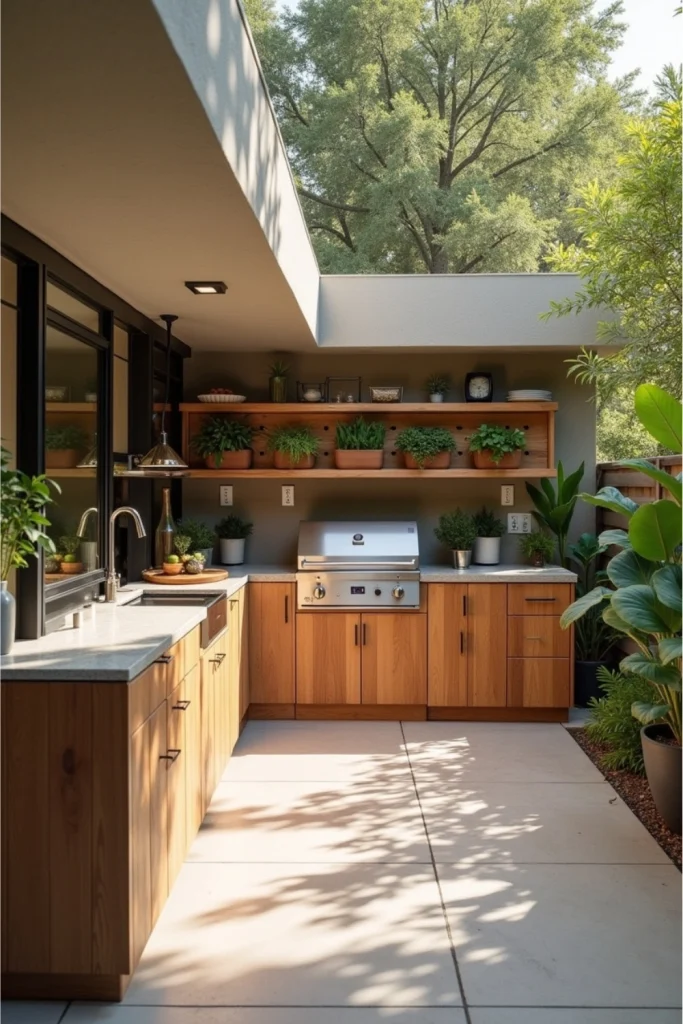 Eco-friendly modern outdoor kitchen with recycled wood, stone counters, small grill, and solar lights.
