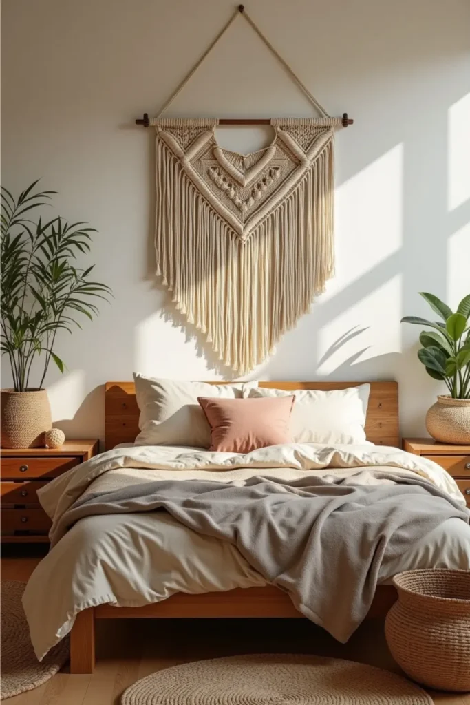 Boho earthy bedroom with cream macramé above bed, layered linen bedding, and rustic decor.