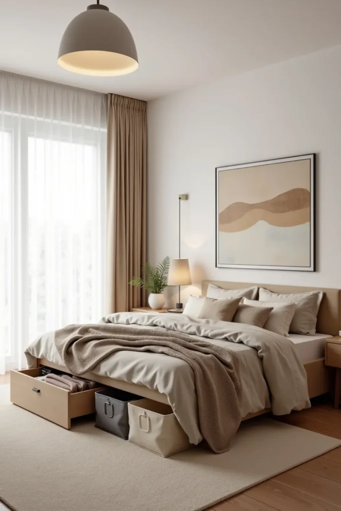 Minimalist bedroom with under-bed drawers, fabric bins, cozy bedding, and soft natural light.