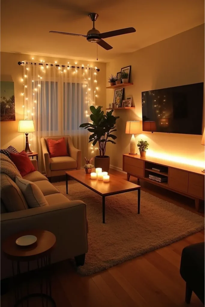 Cozy living room with fairy lights, lamps in corners, LED accents, and warm inviting glow.