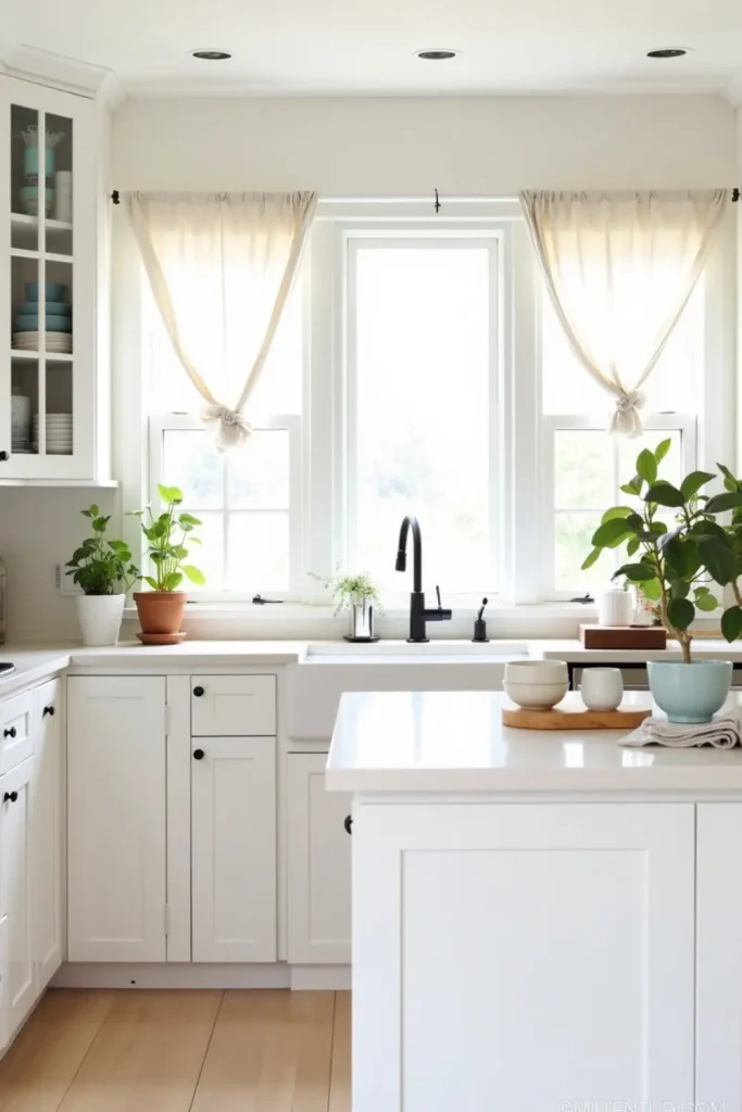Bright kitchen with white walls, glass-front cabinets, sheer curtains, and airy natural light.