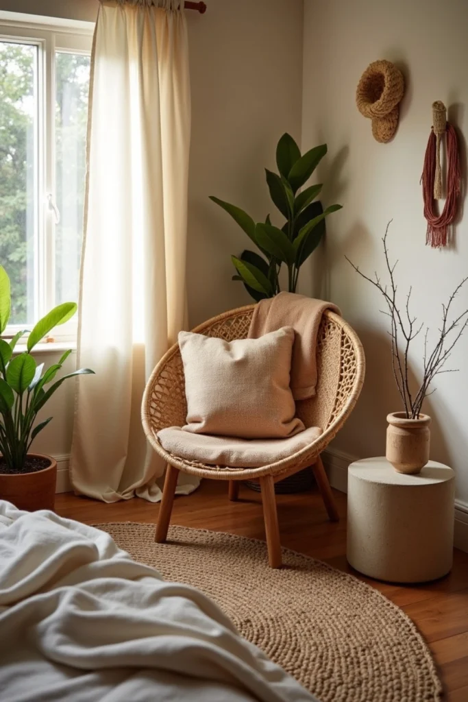 Cozy bedroom reading nook with rattan chair, jute cushion, warm throw, and small plant.
