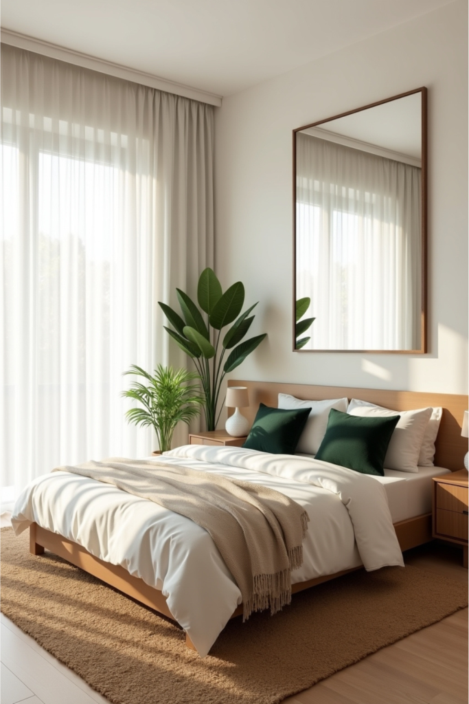 Sunlit bedroom with sheer curtains, mirror, white bedding, jute rug, plants, and green accents