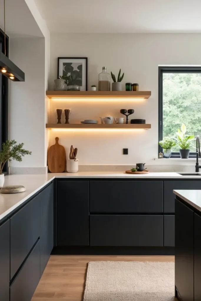 Matte black kitchen cabinets with warm wooden shelves, styled with glassware, plants, and soft lighting.