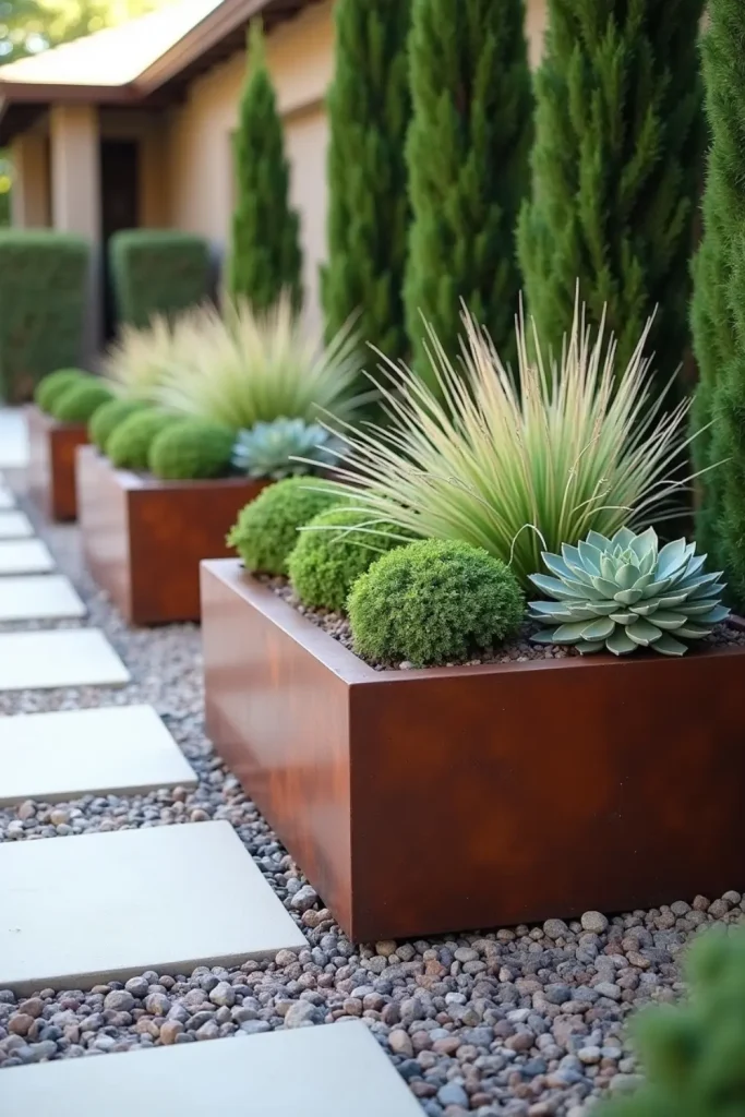 Modern front yard with corten steel planters, grasses, succulents, and sleek stone walkway.