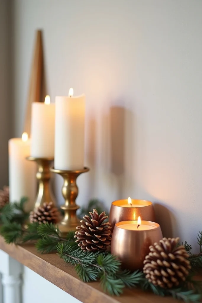 "Winter mantel with gold candlesticks, metallic pinecones, and a sparse, elegant arrangement."