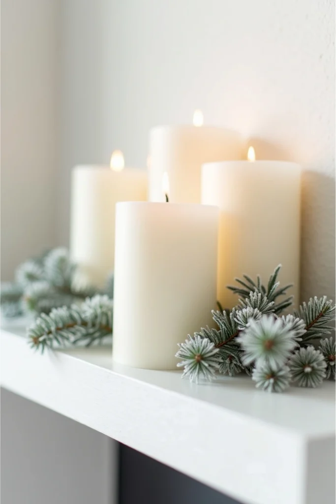 Minimalist winter mantel with white pillar candles and frosted pine branch, creating a serene vibe.