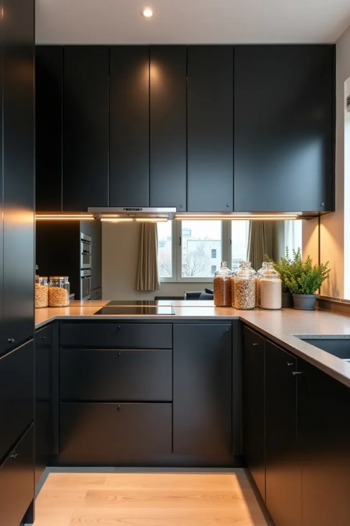 Compact black kitchen with mirrored backsplash, slim cabinets, and glass jar storage for open feel.