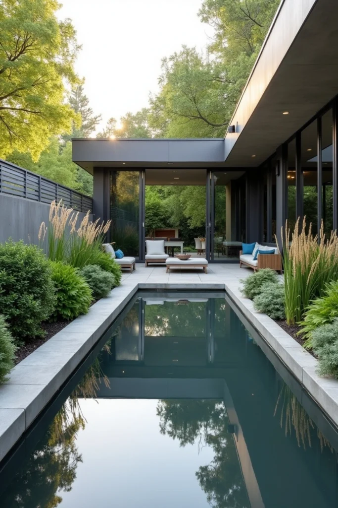 Small modern front yard with mirrors, reflecting pool, greenery, and spacious, minimalist design.